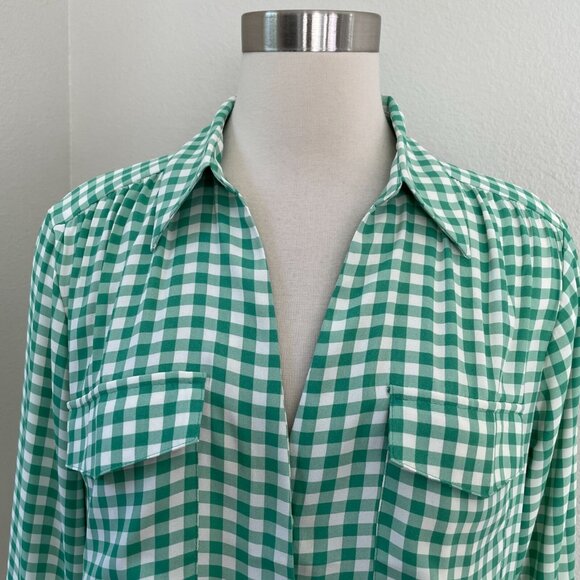 Ann Taylor Womens Large Green White Gingham Long Sleeve Blouse Shirt Top - Picture 4 of 13
